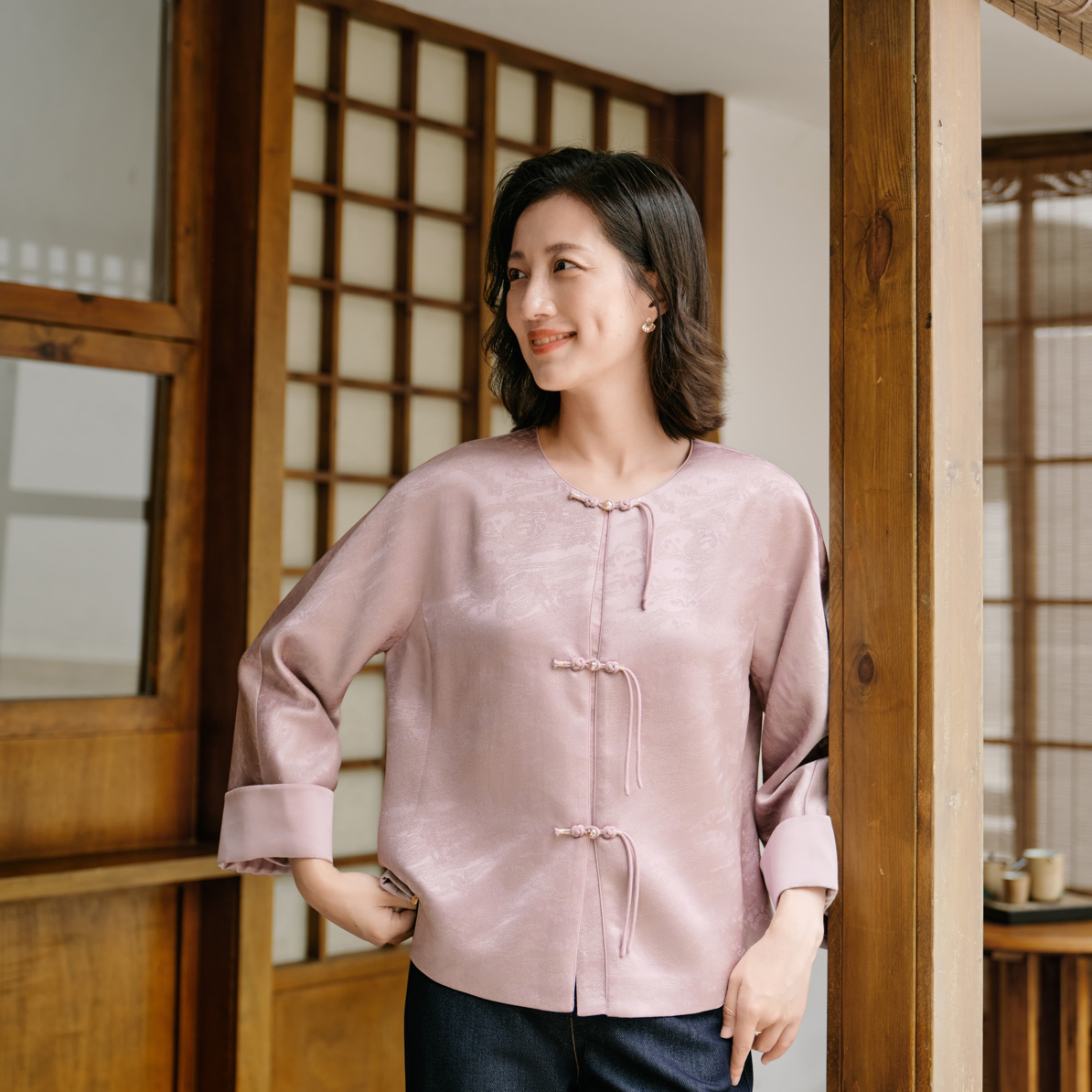 老美华秋季女士新中式连袖提花手工盘袢优雅温婉外套433212023