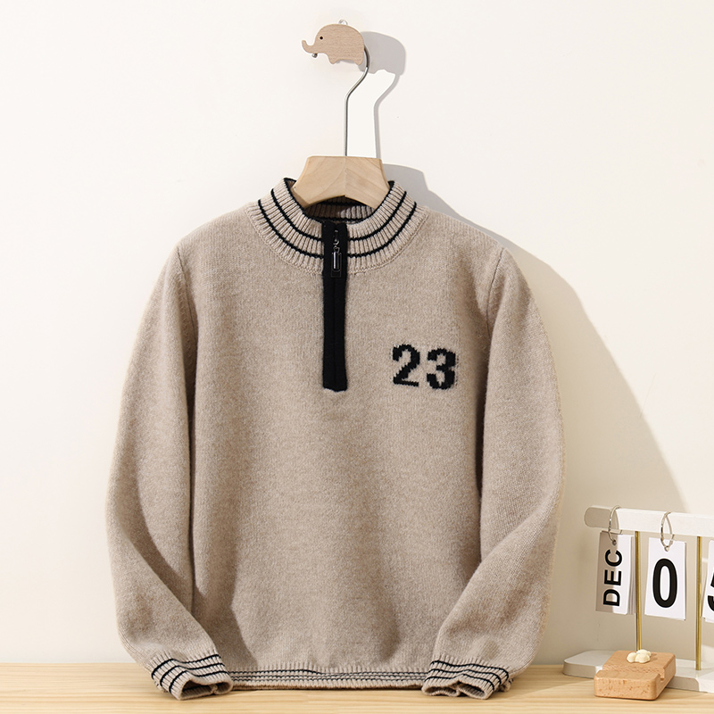 秋冬新款儿童羊毛衫男童加厚高领半拉链拼色条纹套头毛衣