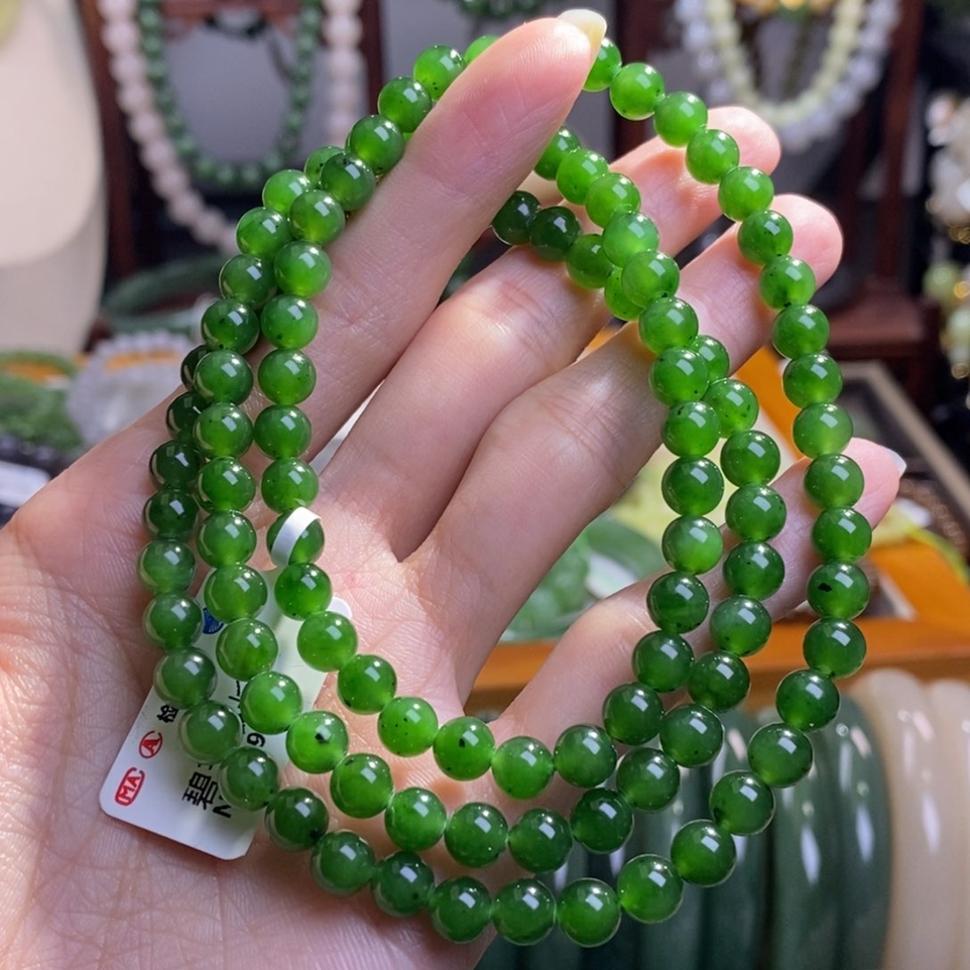 和田玉碧玉银镶项链6MM未镶嵌