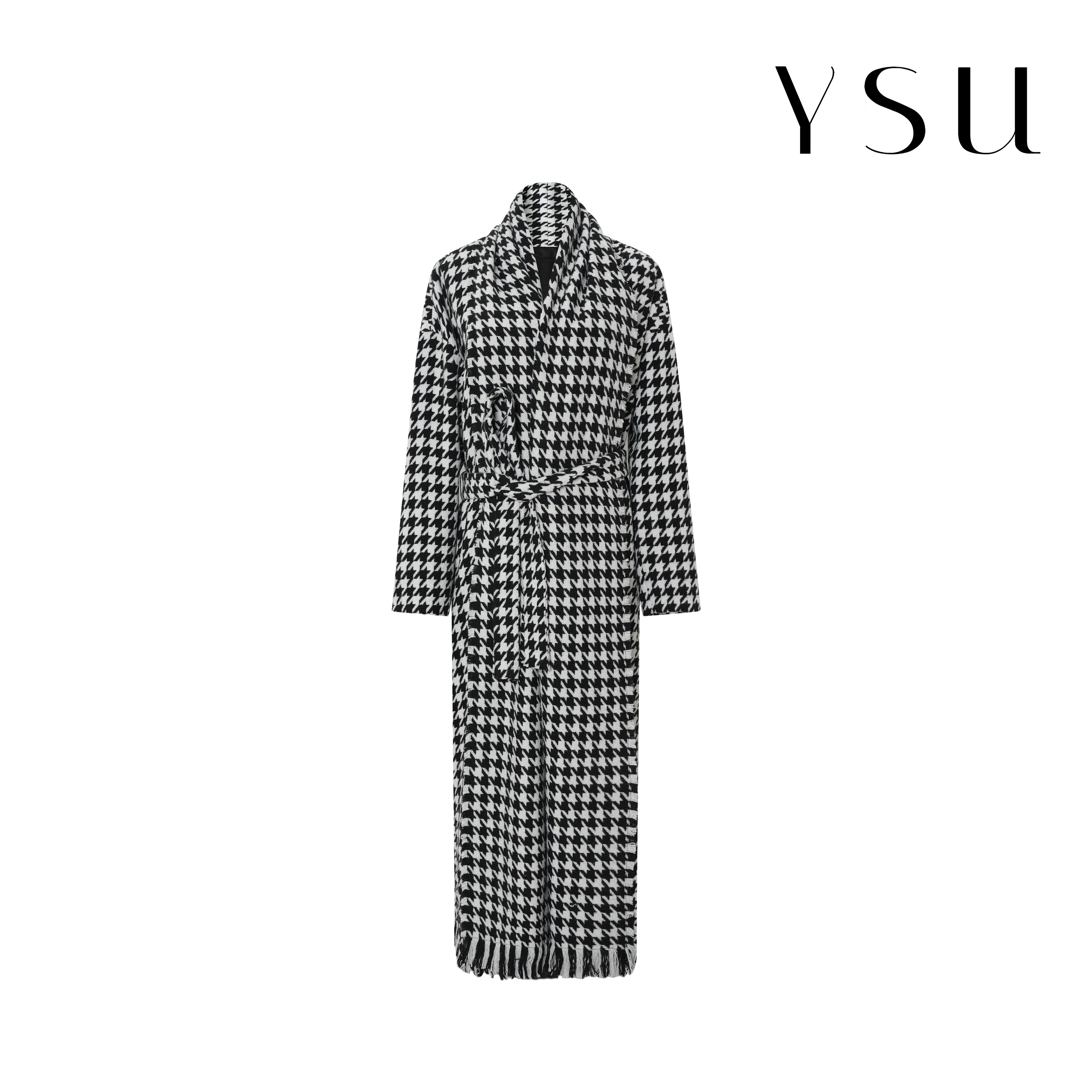 【YSU】经典千鸟格浴袍款长款大衣复古长外套Y304345