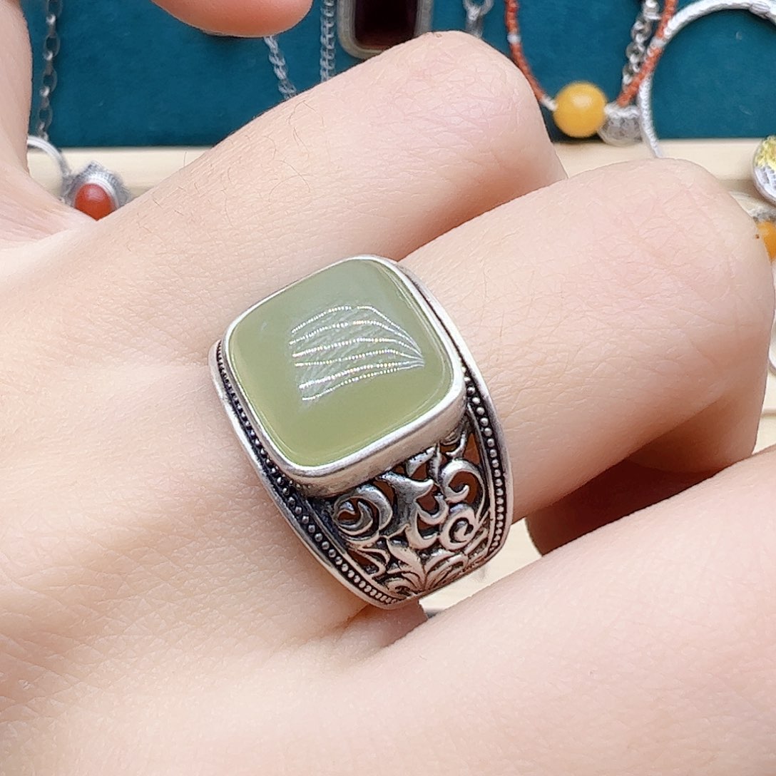 和田玉戒指银S925镶嵌