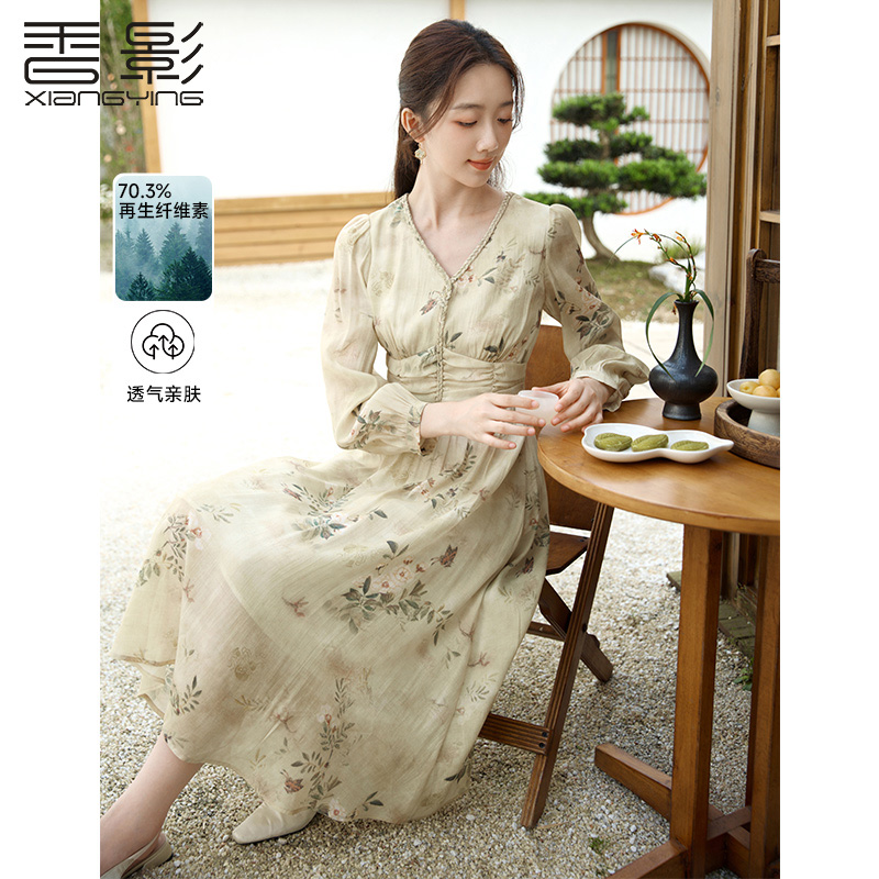 Q843138连衣裙 香影新中式连衣裙女秋季新款长袖清冷