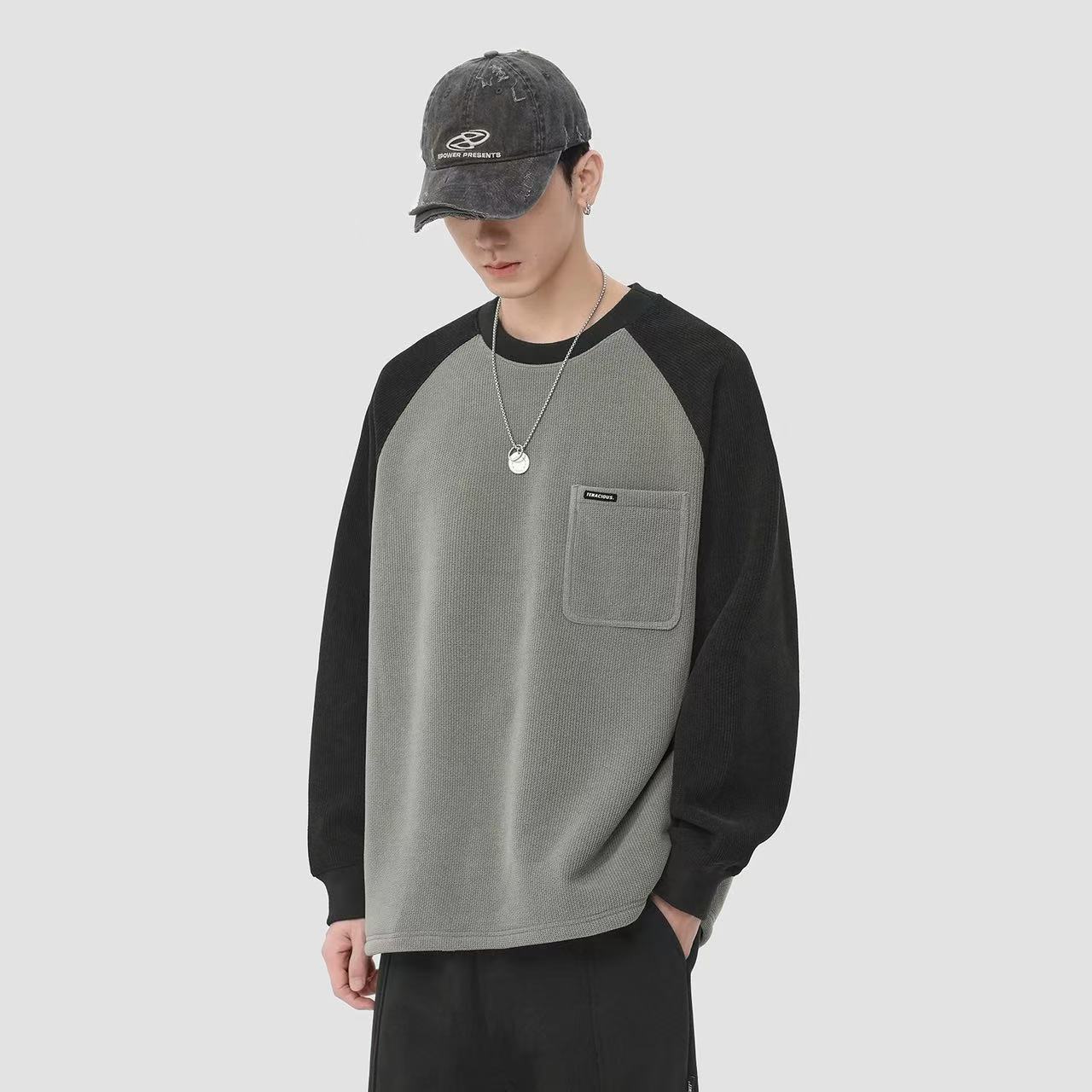 睡衣男秋冬新款浅灰色插肩口袋长袖长裤家居服套装-A228