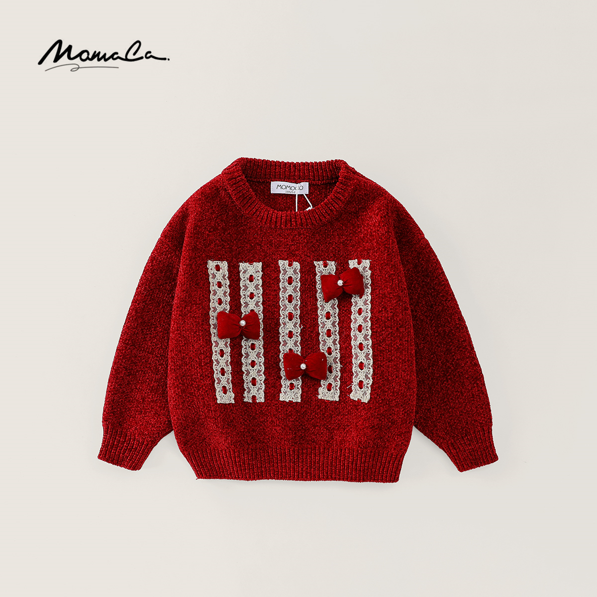 MOMOCO冬季女童时尚蝴蝶结甜美毛衣套头喜庆上衣77820230005