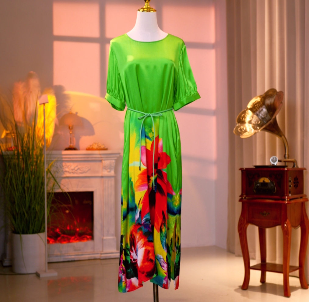 【微瑕】高定时尚气质中国风飘逸桑蚕丝印花长款连衣裙长裙23020061