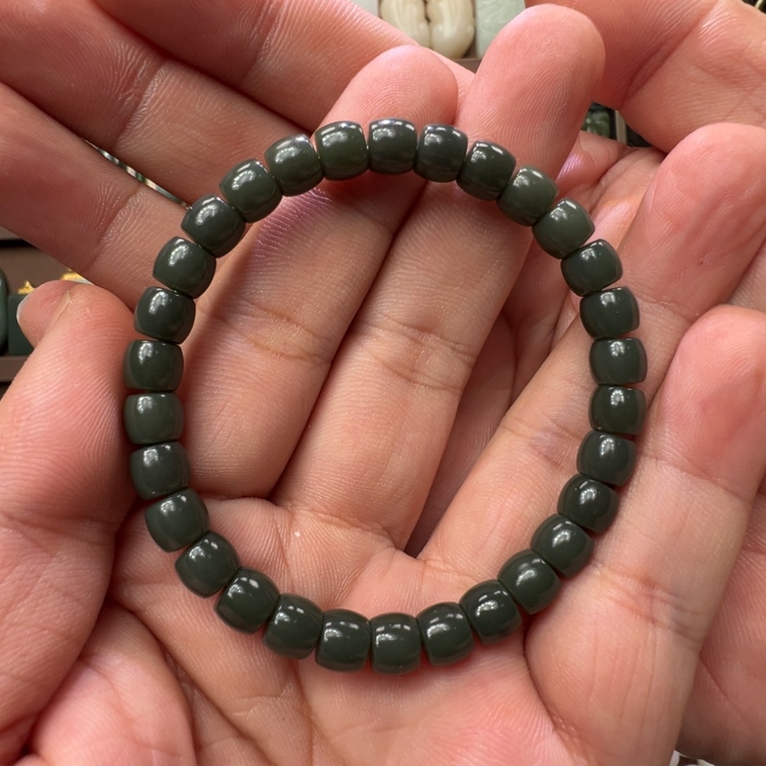 和田玉未镶嵌手链蓝调青一细料7mm归圆直切超值！！