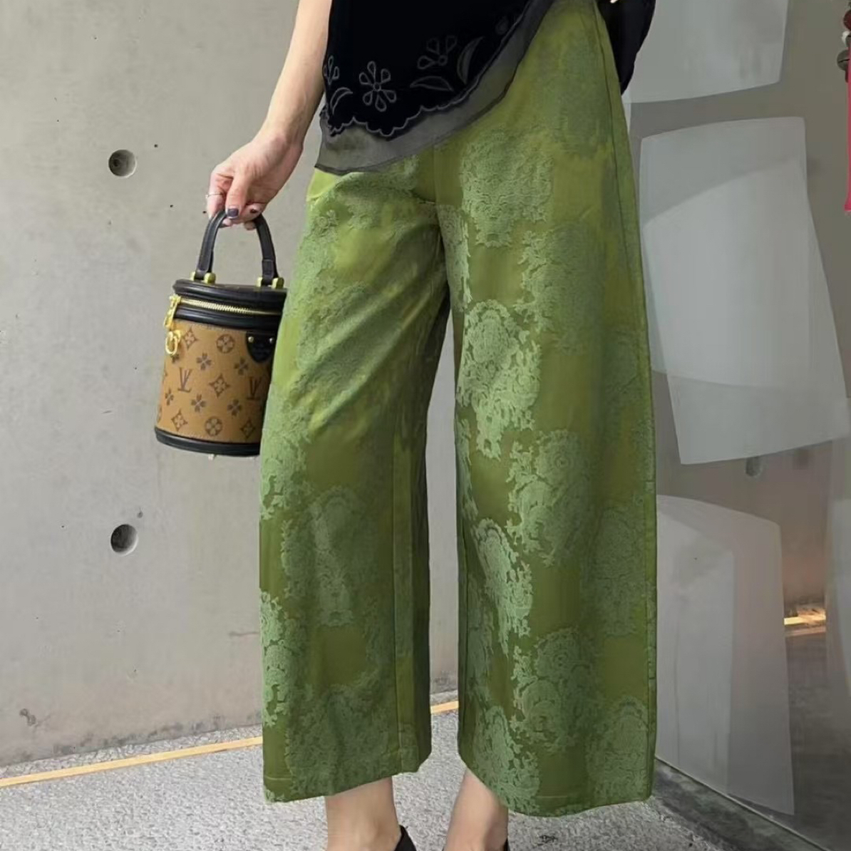 艾妃儿 2025早秋新款国风提花遮肉显瘦高腰宽松阔腿休闲裤女