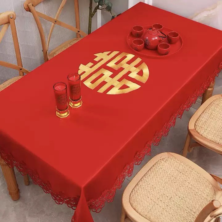 婚庆用品桌布婚礼布置双喜桌布（100*160)适合宽80长130红色餐桌