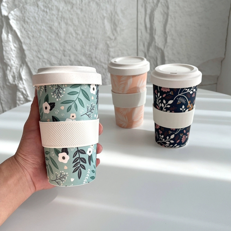 出扣单！625ml竹纤维杯环保可降解旋转盖水杯情侣手绘防烫咖啡杯