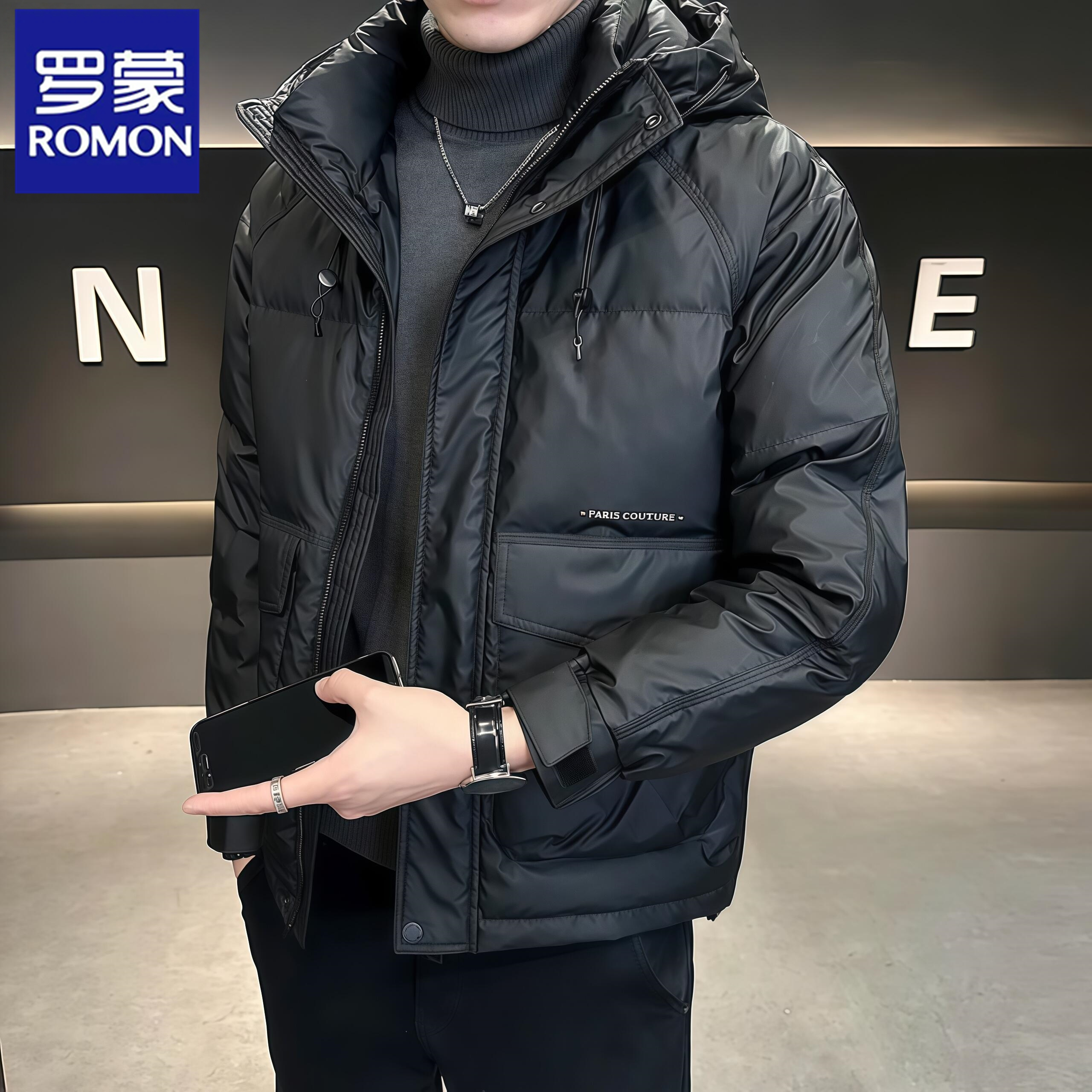 Romon/罗蒙男士羽绒服冬季2025新款连帽轻薄短款潮牌防寒加厚外套