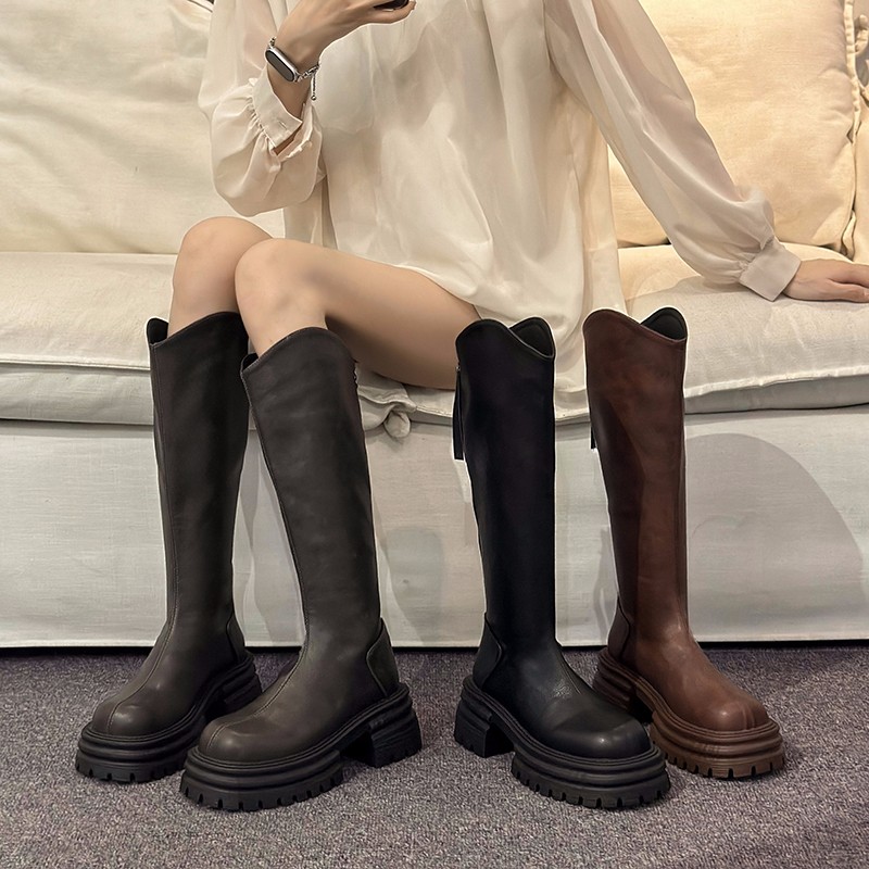 2025秋冬厚底增高高筒靴女时尚风时装靴百搭加绒不过膝靴美拉德