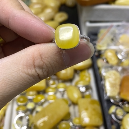 蜜蜡裸石银S925镶嵌戒指