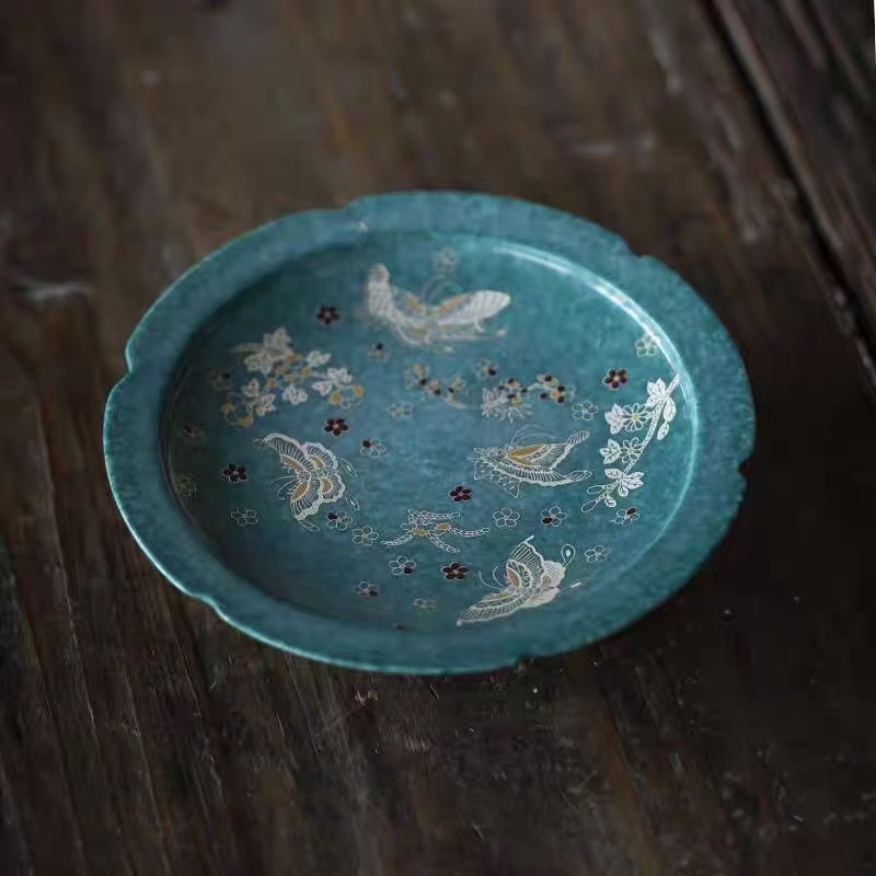 「茶予物」洒蓝天青釉蝶舞花边壶承复古