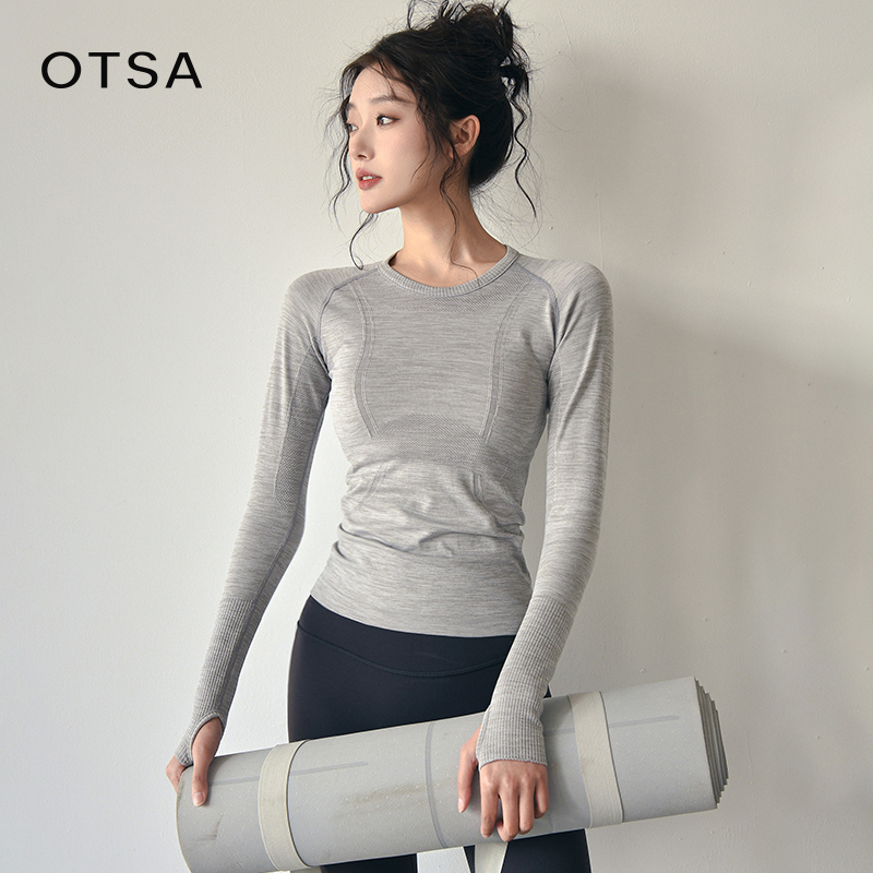 【OTSA】3D一体织运动T恤弹力瑜伽服运动上衣长袖健身衣服女6135