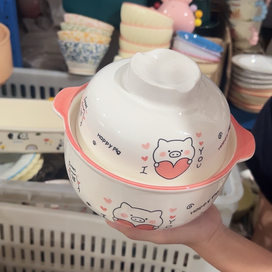 瓷片猪泡面碗送勺子