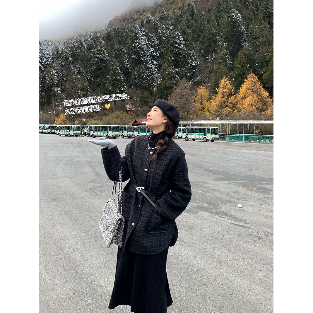 双面呢大衣女新款冬季中长款宽松气质格子羊毛呢子外套S2QT0052