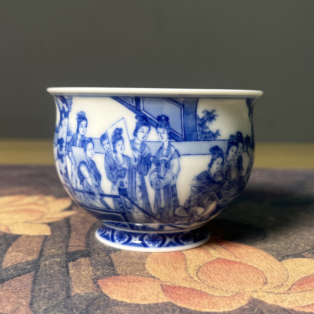 景德镇青花瓷晓竹窑（汉宫春晓图）炉式杯手工手绘陶瓷茶杯