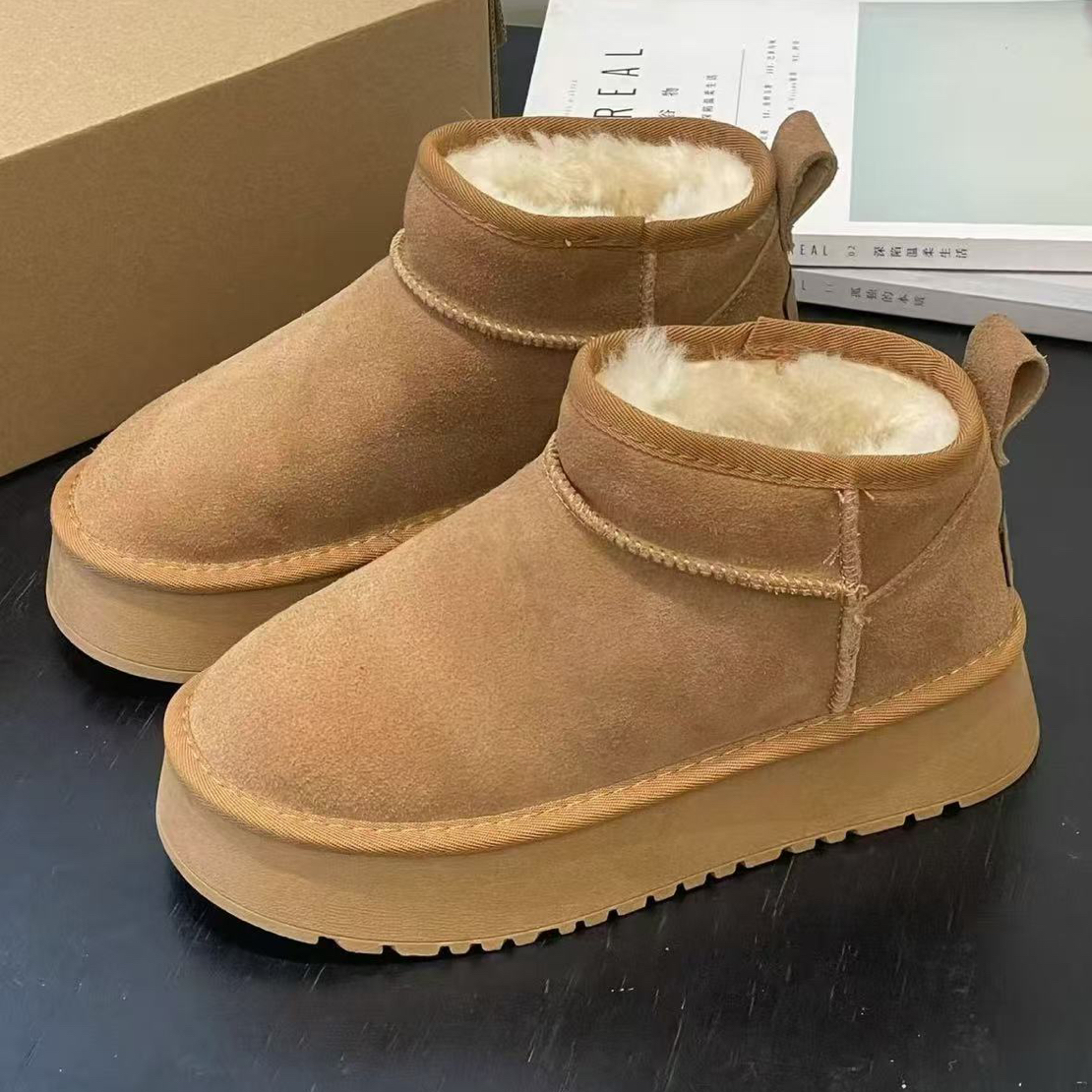 【冬雨厚底】889-1真皮厚底雪地靴女秋冬新款牛皮短筒保暖防滑