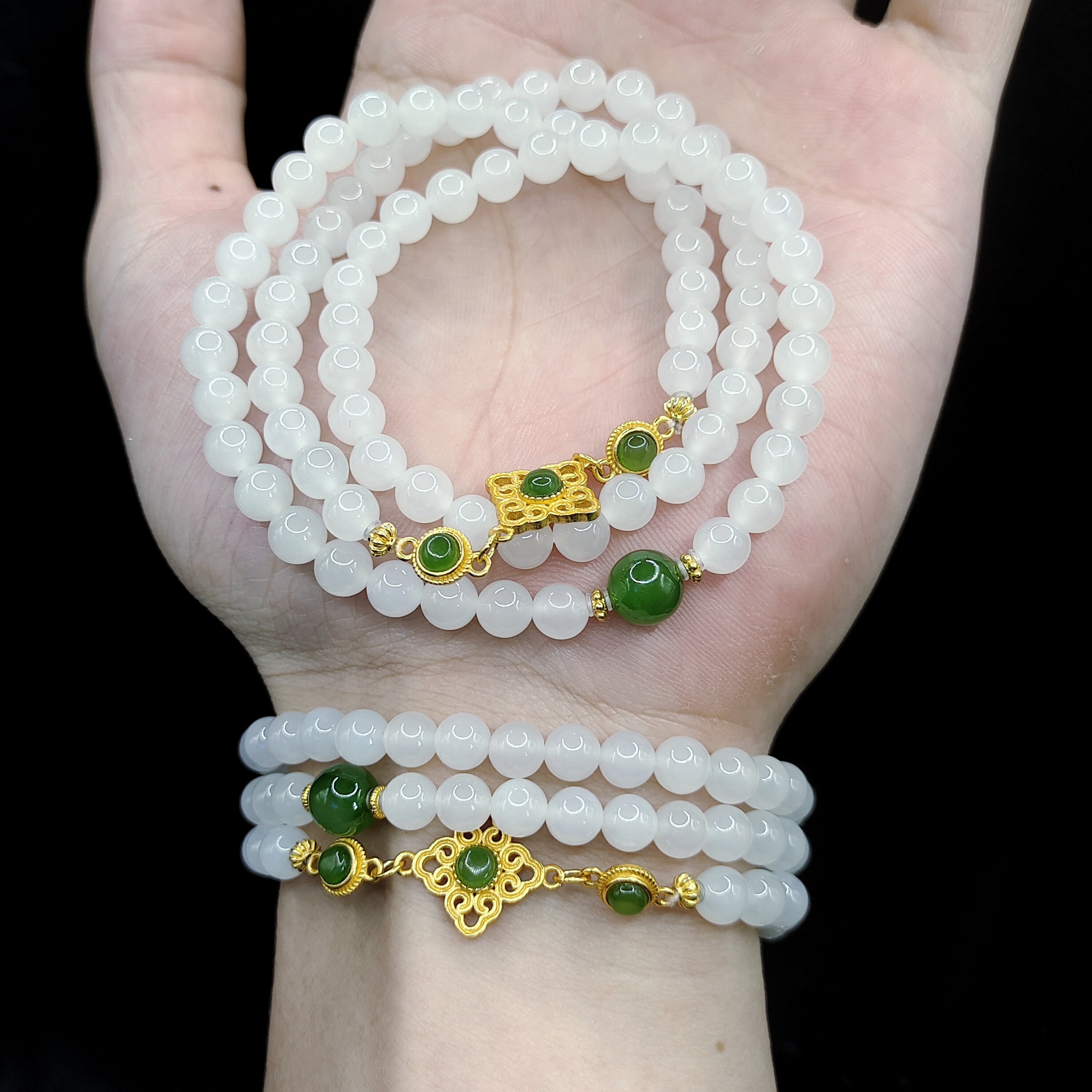 【老三珠宝】s925银和田玉DIY三圈手串H5【多样性发其一】约5mm