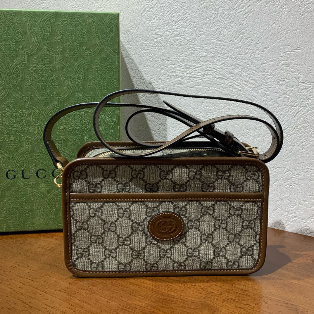 99新 GUCCI/古驰 老花盒子相机单肩斜挎包 