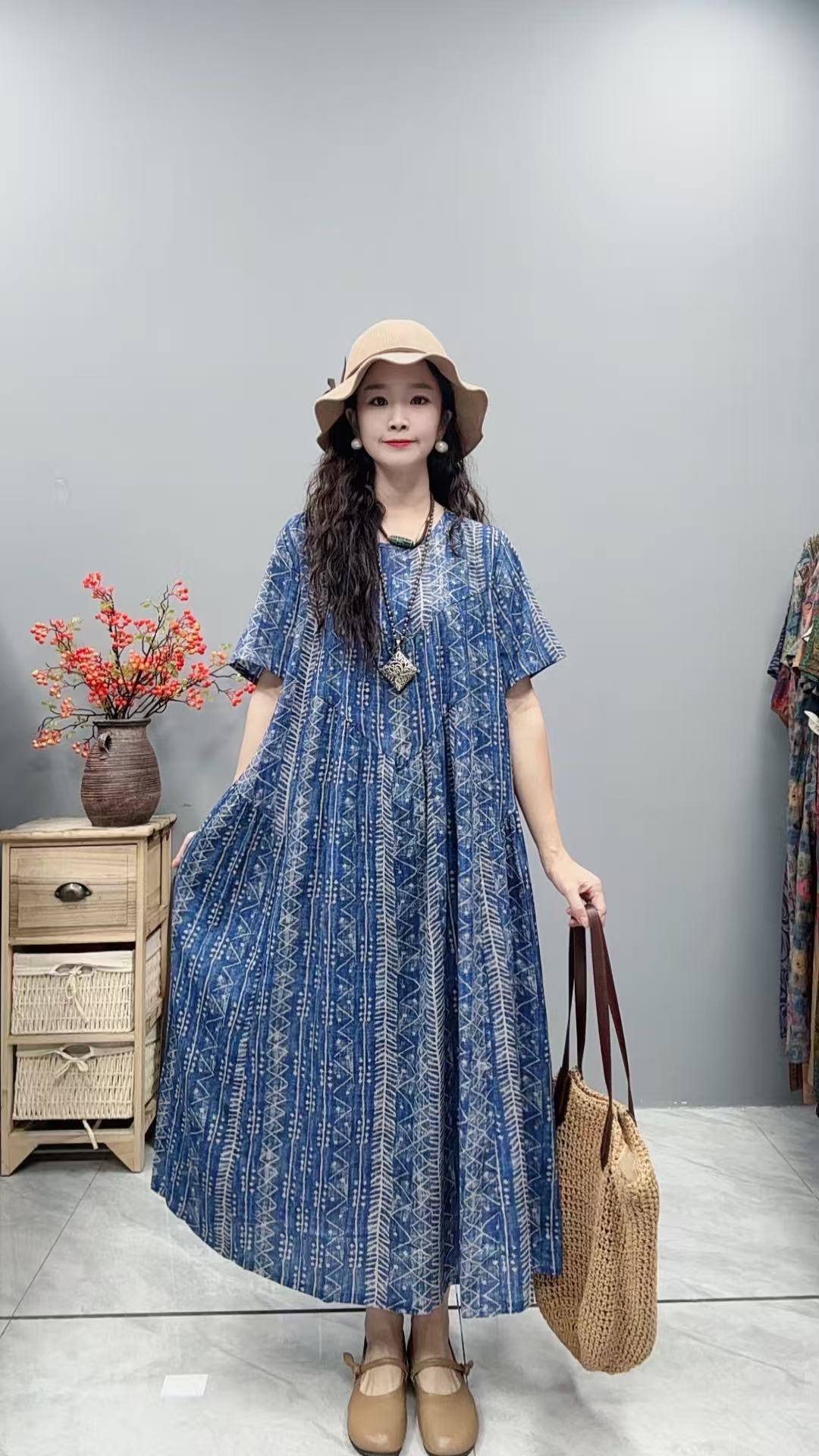 5297夏季新款清凉气质时尚复古遮肚宽松女显瘦百搭圆领休闲连衣裙