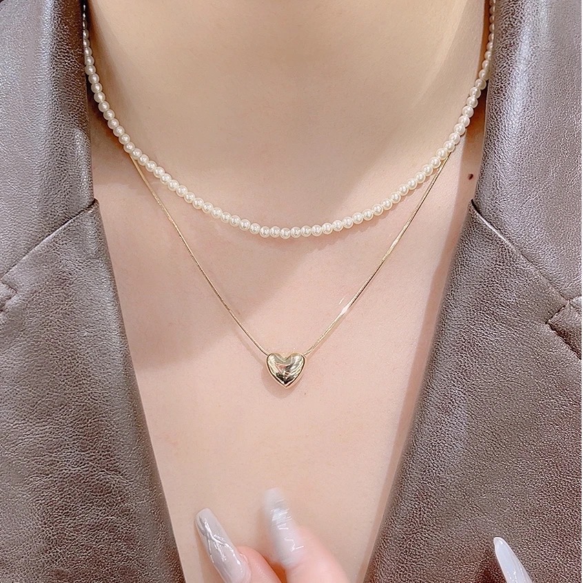 铜合金仿珍珠项链 双层爱心分开叠戴多种戴法经典款114