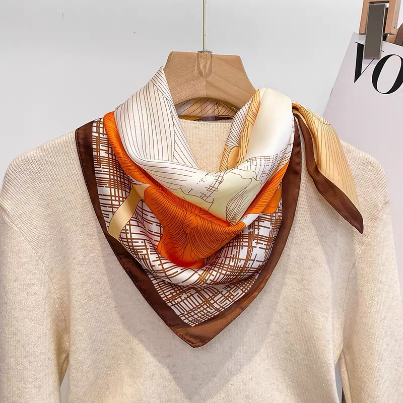 烟花橙色小方巾丝巾女士职业夏季防晒护颈饰围脖子薄纱巾围巾领巾