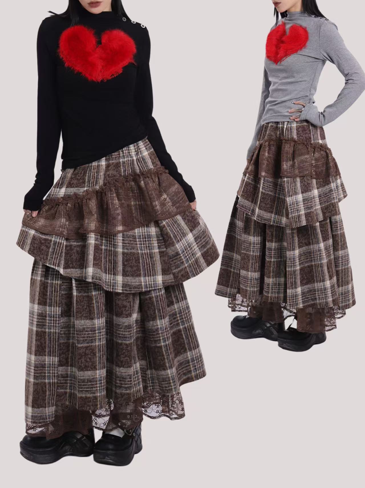 happyes“古堡”欧式复古蕾丝格纹长裙/古着亚文化小众长裙设计感