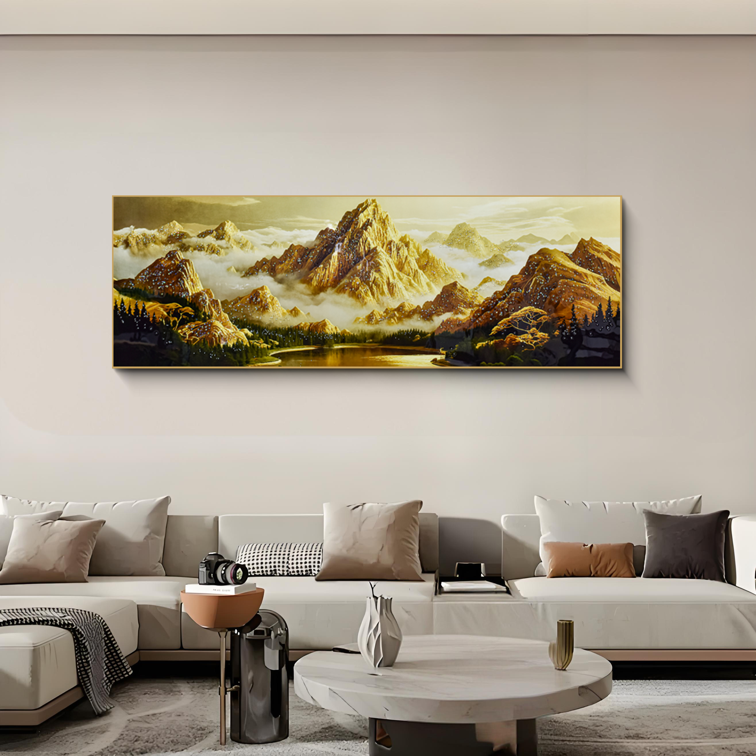 现代轻奢背靠金山横版装饰画适用于客厅卧室床头背景墙金山70200