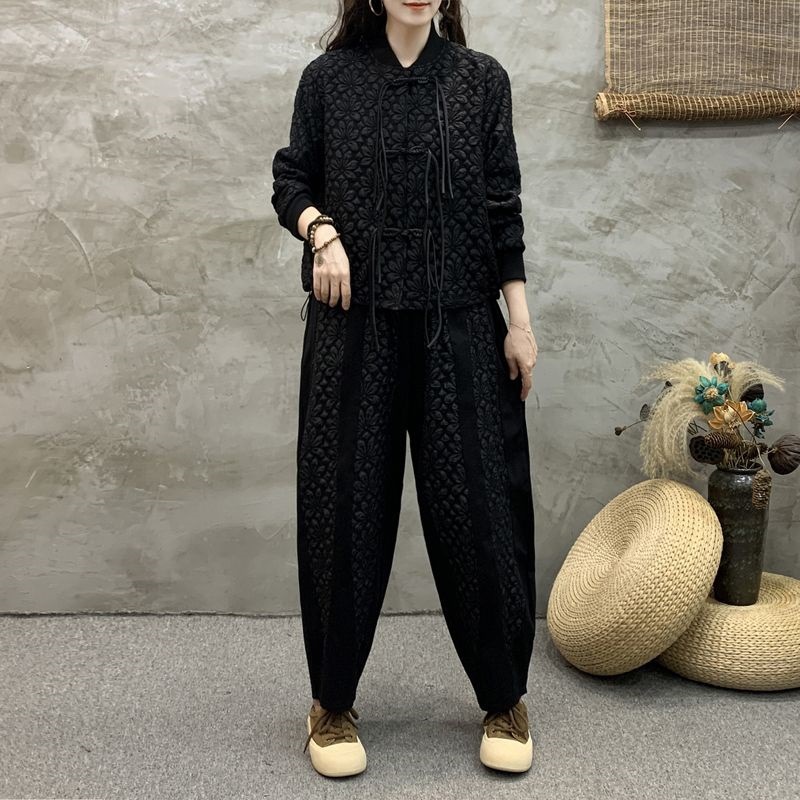 其他100%复古减龄加厚时尚套装女秋冬季宽松显瘦上衣短外套哈伦裤