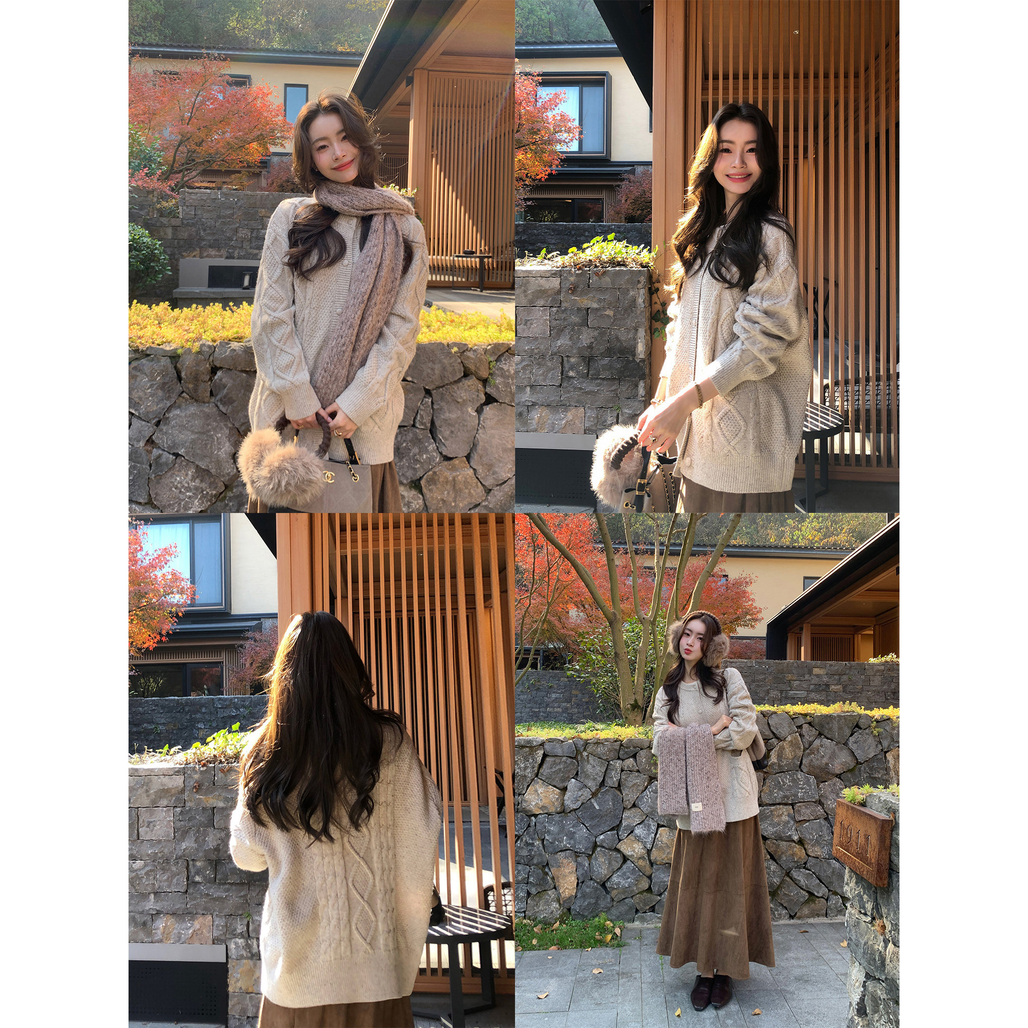 pusumede 北约冬季 复古扭花羊毛针织开衫女宽松休闲气质毛衣外套