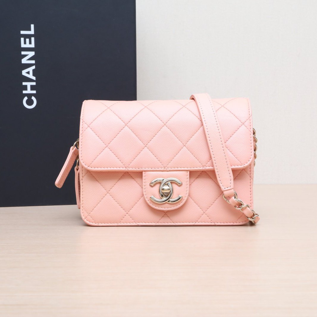 95新 Chanel/香奈儿 -100-388小花攀攀 裸粉色 荔枝皮革C 芯片开