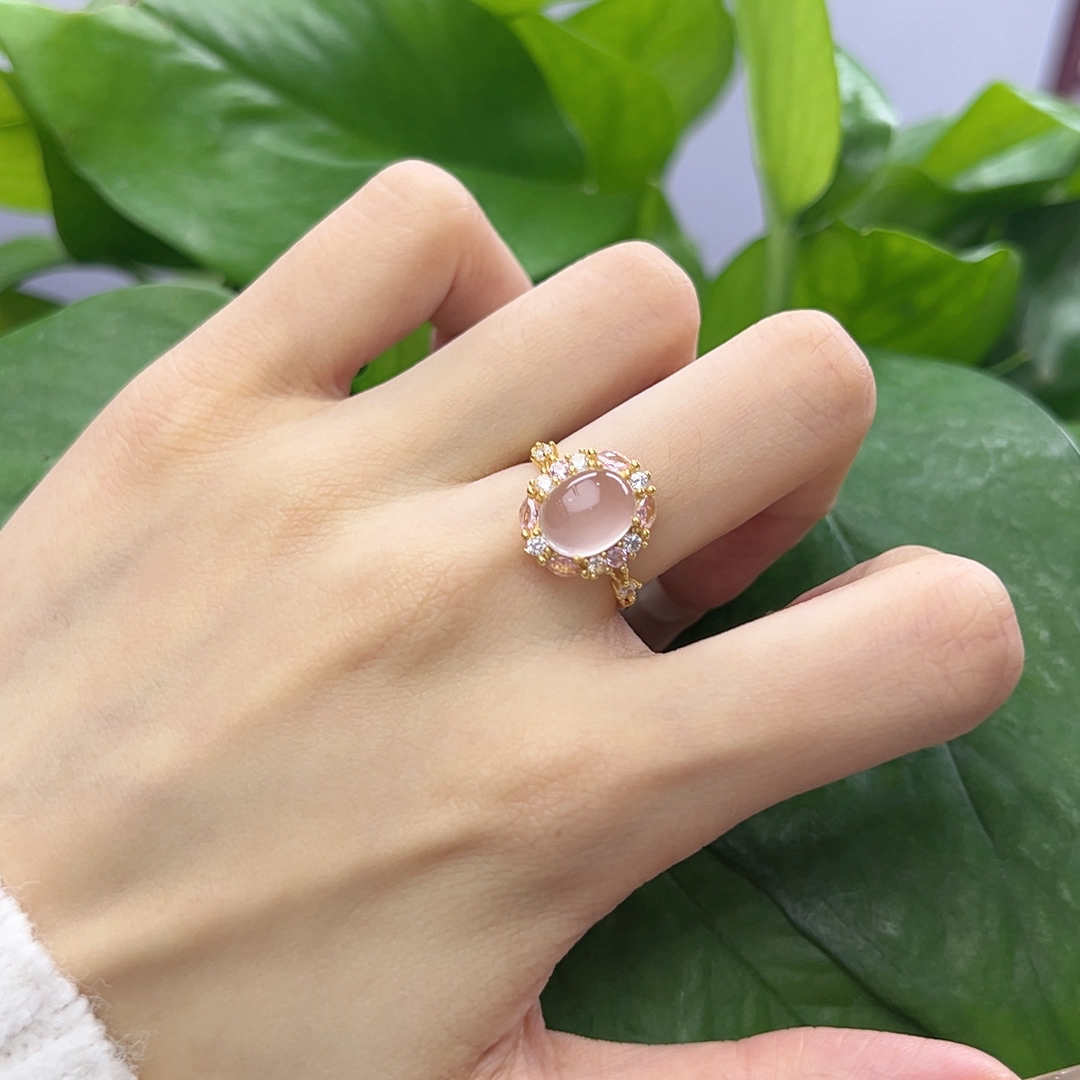 s925银镀金镶嵌粉水晶时尚开口可调节繁花戒指