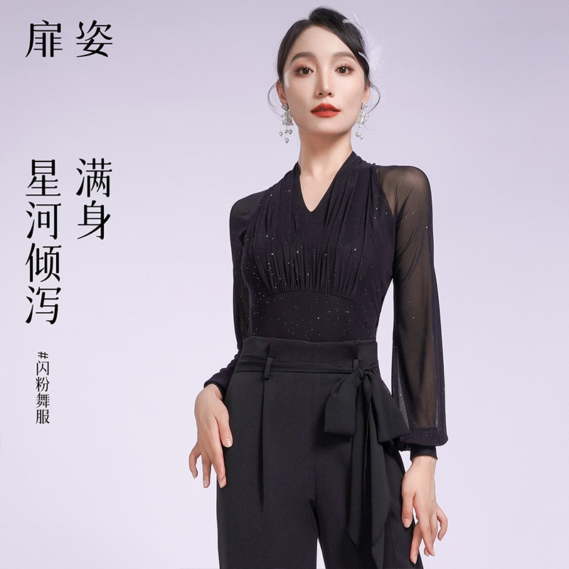 扉姿 摩登舞上衣女新款高级蕾丝烫钻国标舞服装洋气跳舞衣服F1348