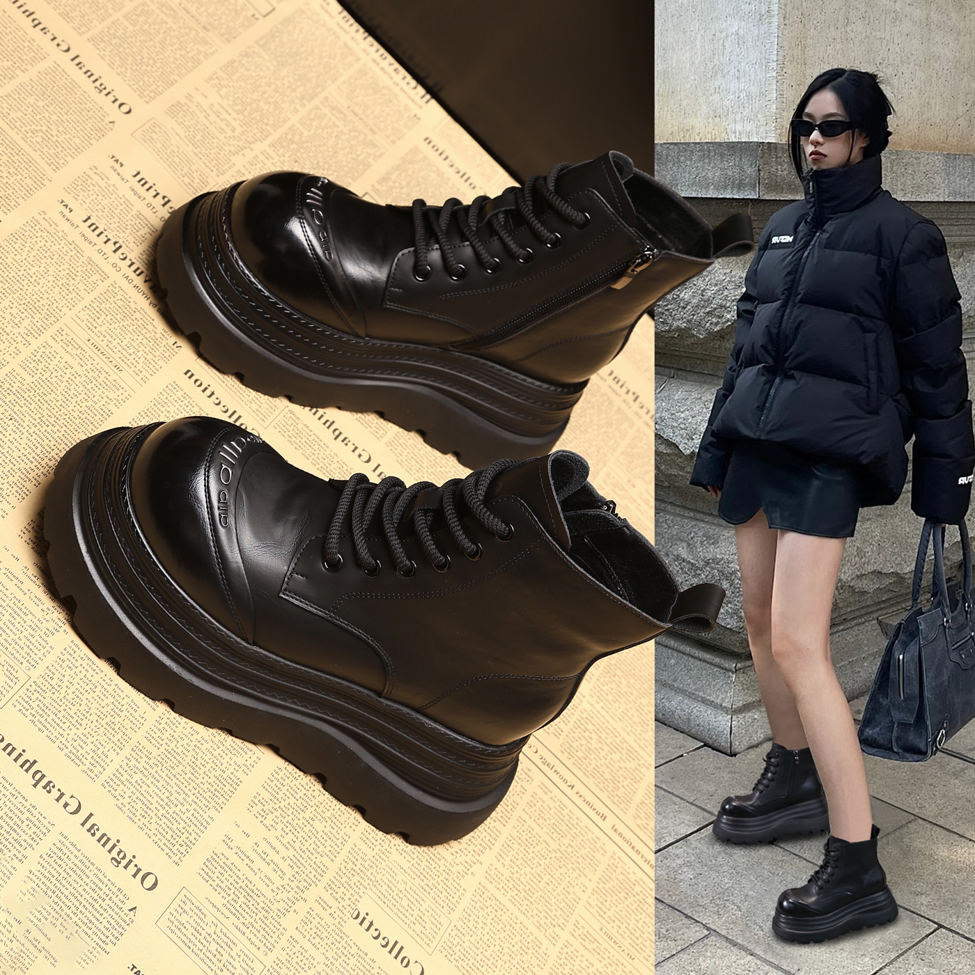 HT9188-1厚底内增高时尚网红马丁靴子女2025秋季新款松糕显瘦短靴