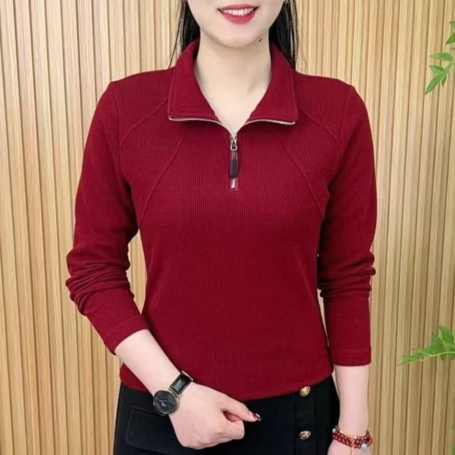 907红色春季时尚洋气新潮风拉链拼接半开领女士百搭休闲显瘦上衣
