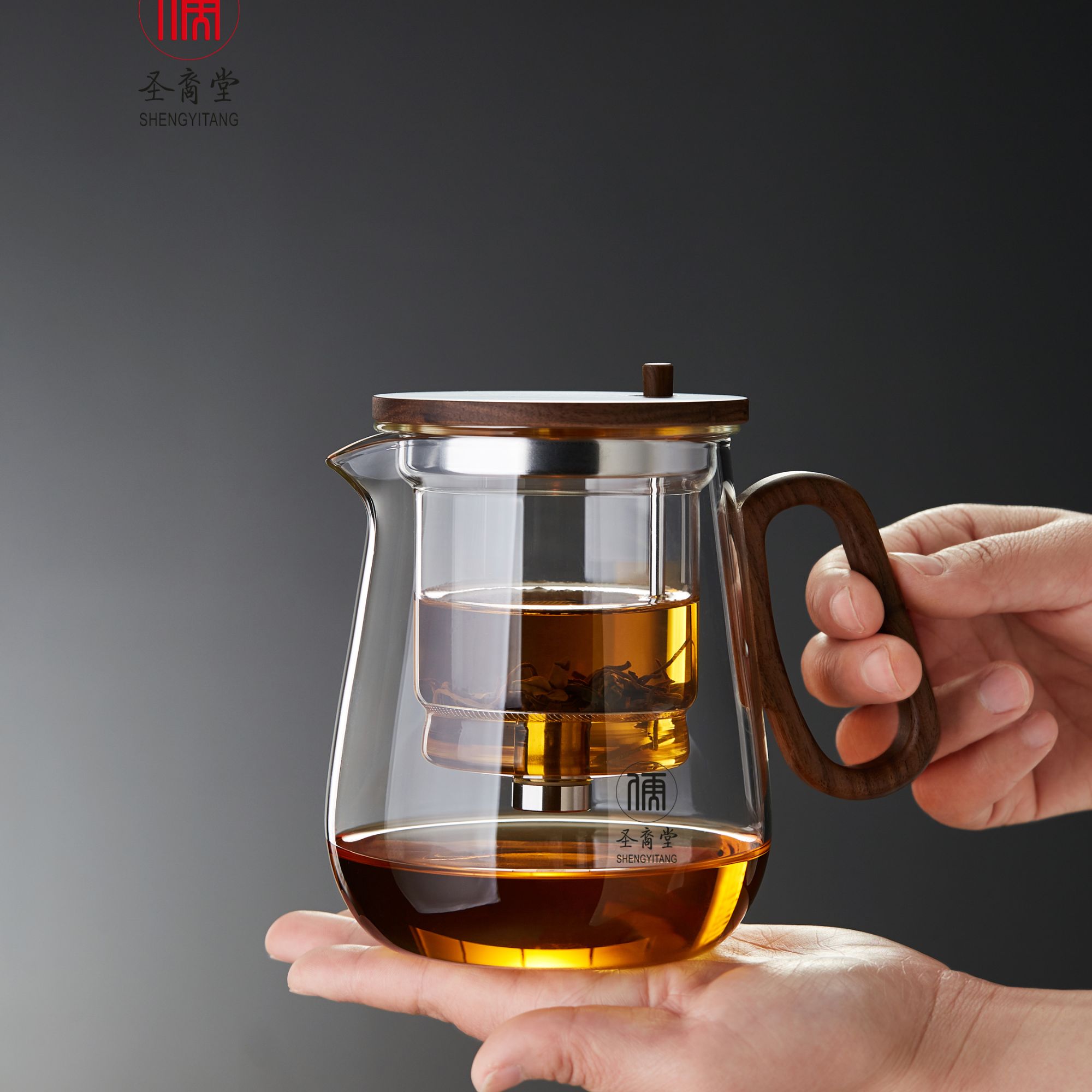 玻璃飘逸杯耐热全玻璃内胆胡桃木把家用便捷茶具透明带盖高档