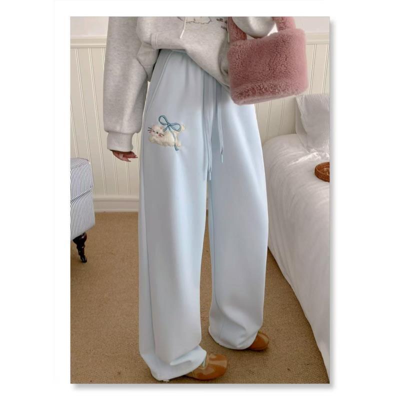 小雅姐姐 【蝴蝶结猫咪裤子】甜美刺绣加绒撞色休闲阔腿裤KH61