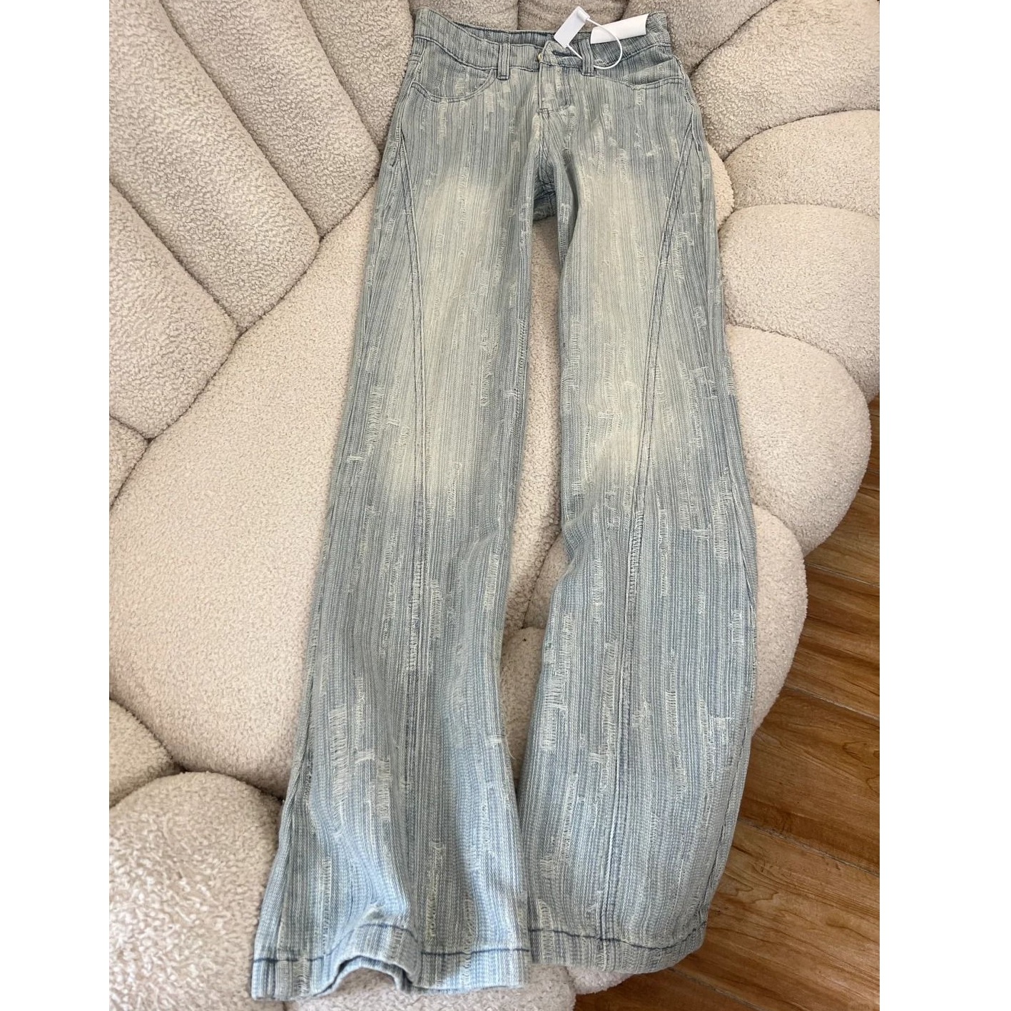 高个子加长纹理提花微喇牛仔裤女春夏新款高腰不贴腿喇叭阔腿裤子