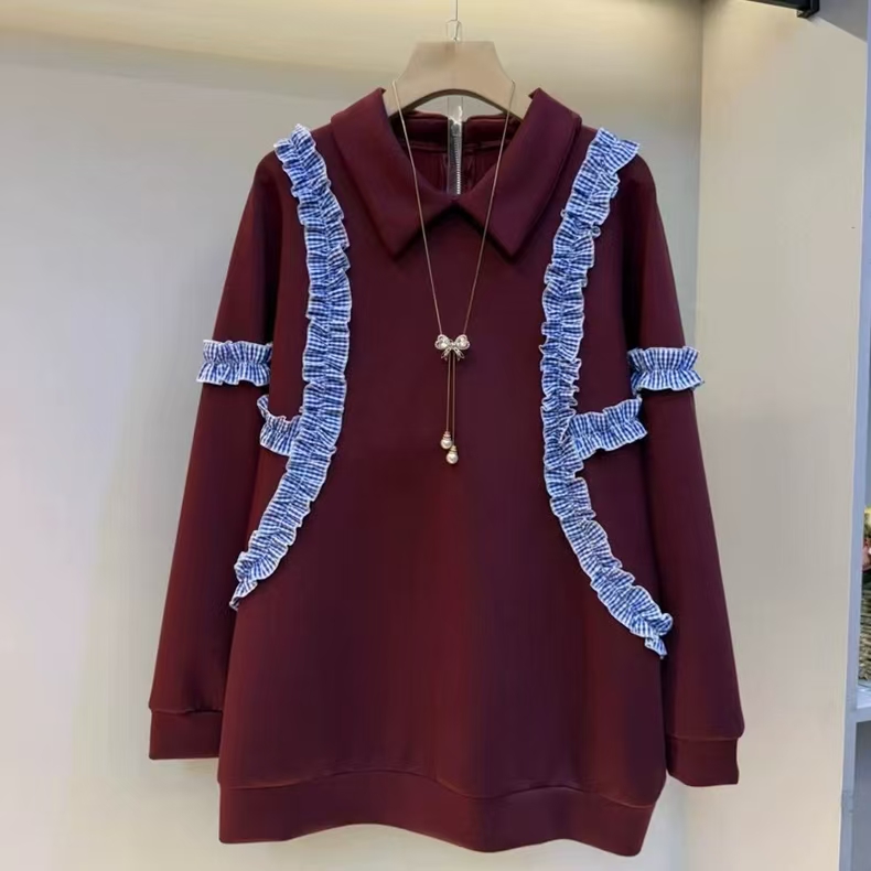 大码女装秋冬新款时尚卫衣女韩版洋气衬衫拼接荷叶边长袖大衫潮女