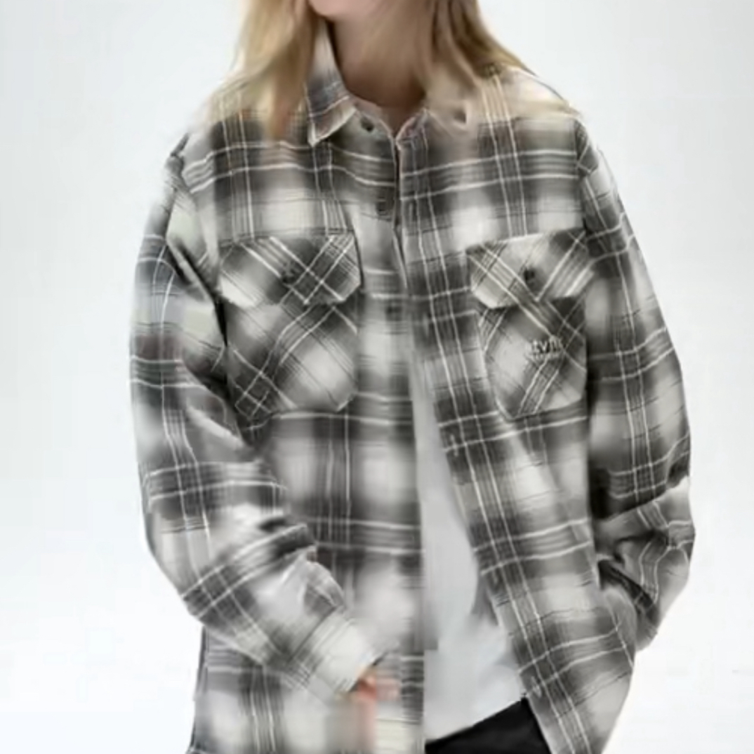 日系复古格子长袖衬衫男春季宽松双口袋休闲外套