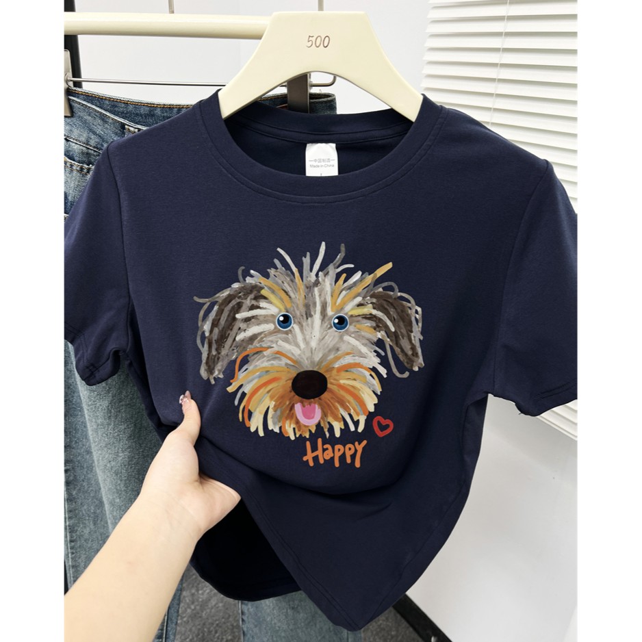 花灰色小狗印花正肩时尚短袖T恤女夏季新款时尚休闲百搭半袖上衣
