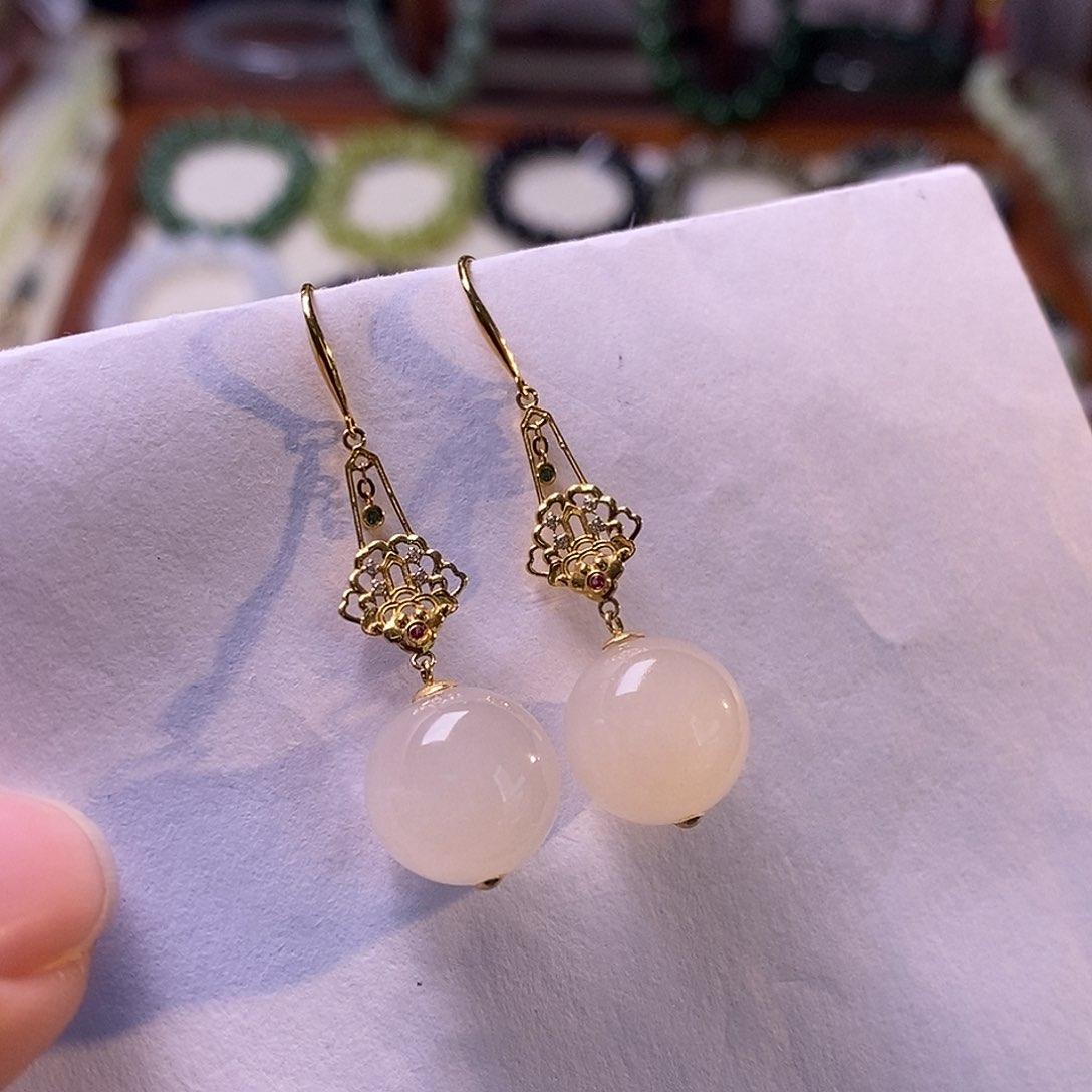 颈饰未镶嵌和田玉金镶藕粉耳环12mm