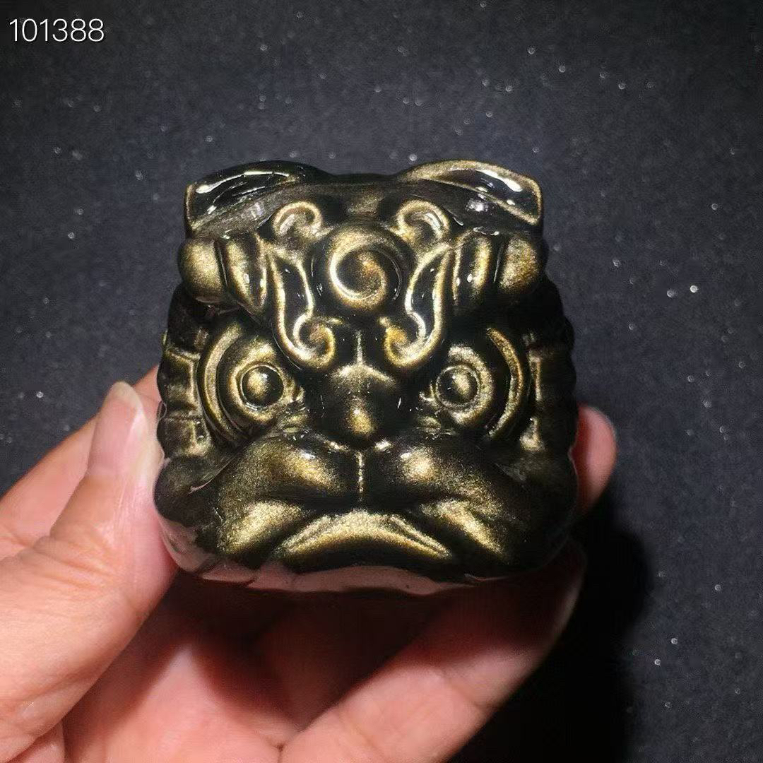 天然金曜石黑曜石醒狮手把件 58x58mm左右