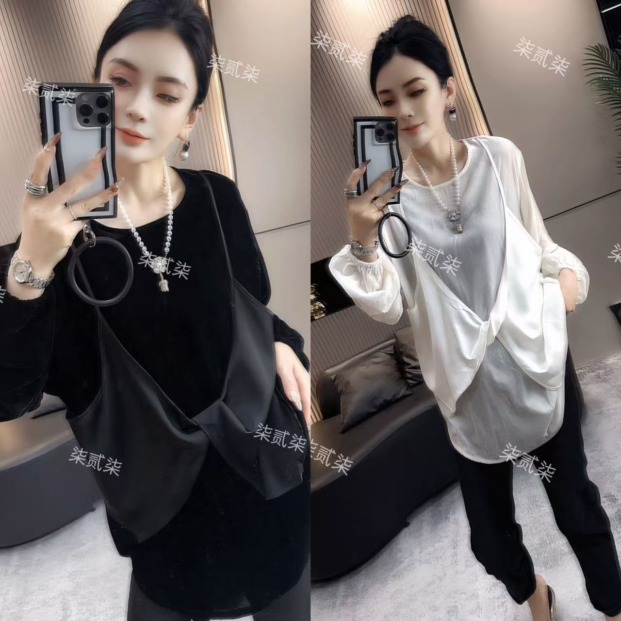 （柒贰柒服饰）25新款秋季时尚休闲圆领中长款假两件打底T恤