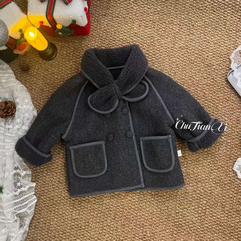 现货【格雷系】女童外套冬季25新款加厚毛呢加绒大衣儿童双排扣衣服