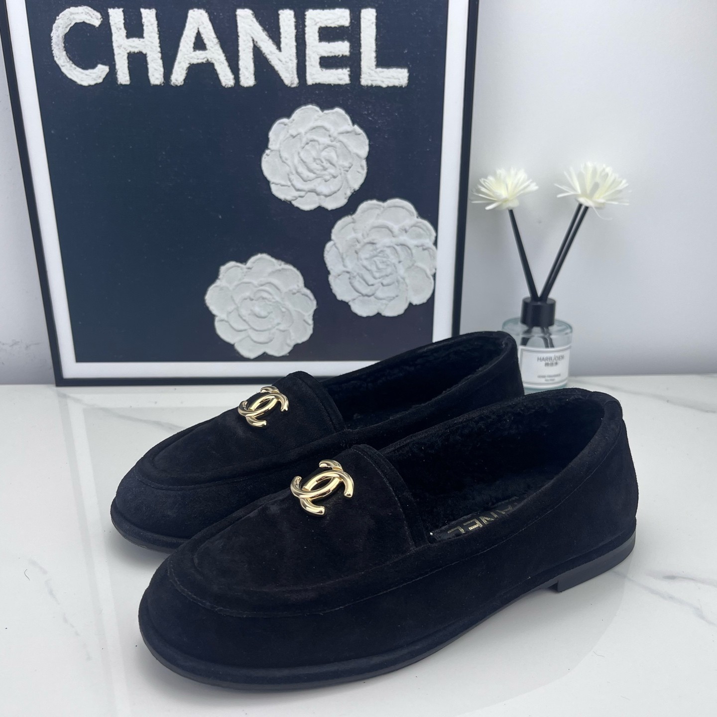 99新 Chanel/香奈儿 25c黑色麂皮泰迪绒乐福鞋 36码/jm01312