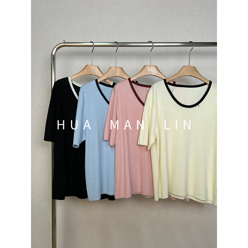 【花满林】四色撞色圆领百搭针织短袖上衣22856