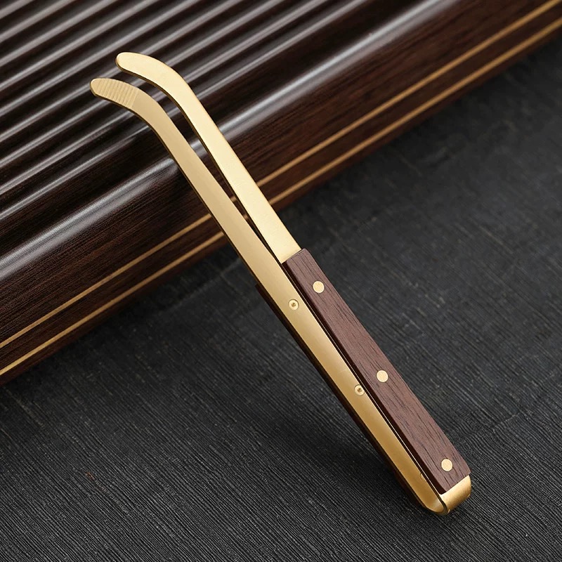 潮汕木纯铜茶夹镊子茶道功夫茶具配件防滑高档