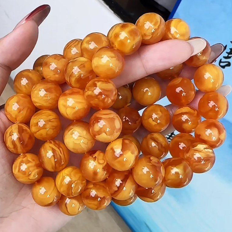 【齐福珠宝】14mm特级溶洞鸡油红妖花蜡圆珠单圈（多样性发其一）